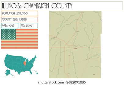 Large and detailed map of Champaign County in Illinois USA.