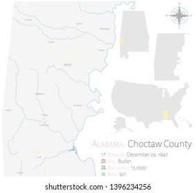Large and detailed map of Choctaw county in Alabama, USA