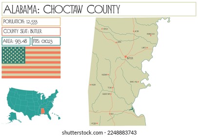 Large and detailed map of Choctaw county in Alabama, USA.