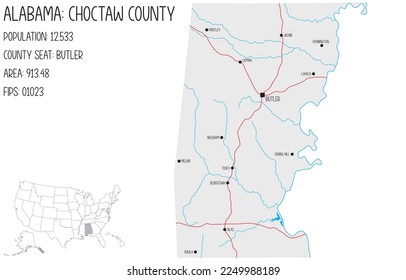 Große und detaillierte Karte von Choctaw County in Alabama, USA.