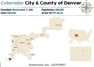 Large and detailed map of city & county of Denver in Colorado, USA.