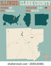 Large and detailed map of Clark county in Illinois, USA.
