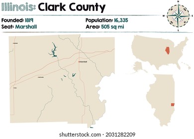 Large and detailed map of Clark county in Illinois, USA.