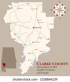 Large and detailed map of Clarke county in Alabama, USA
