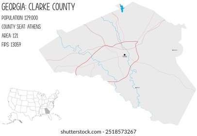 Large and detailed map of Clarke County in Georgia, USA.