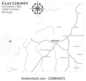 Large and detailed map of Clay county in Alabama, USA