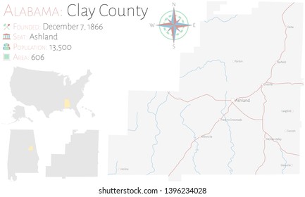 Large and detailed map of Clay county in Alabama, USA
