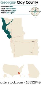 Large and detailed map of Clay county in Georgia, USA.