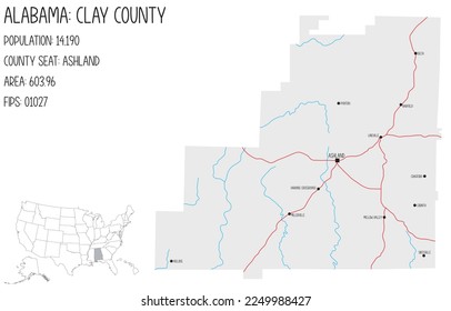 Large and detailed map of Clay county in Alabama, USA.
