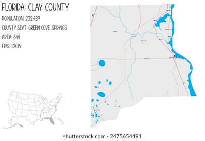 Large and detailed map of Clay County in Florida, USA.