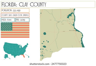 Large and detailed map of Clay County in Florida USA.