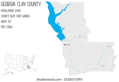 Large and detailed map of Clay County in Georgia, USA.