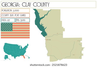 Large and detailed map of Clay County in Georgia USA.