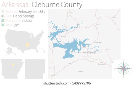 Large and detailed map of Cleburne county in Arkansas, USA.