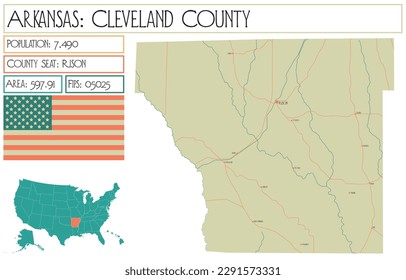 Large and detailed map of Cleveland County in Arkansas, USA.