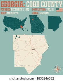 Large And Detailed Map Of Cobb County In Georgia, USA.