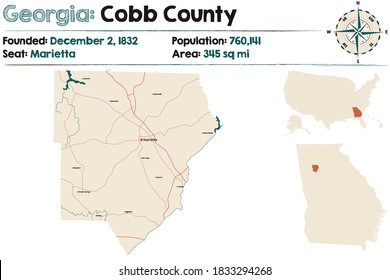 Large And Detailed Map Of Cobb County In Georgia, USA.