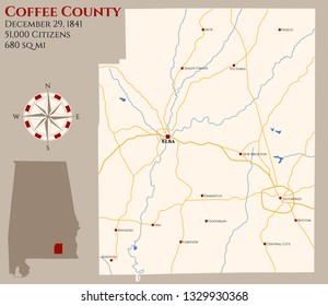 Large and detailed map of Coffee county in Alabama, USA