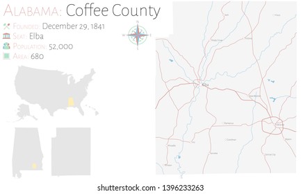 Large and detailed map of Coffee county in Alabama, USA