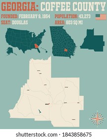 Large and detailed map of Coffee county in Georgia, USA.
