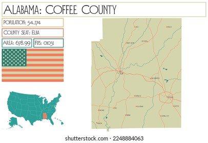 Large and detailed map of Coffee county in Alabama, USA.