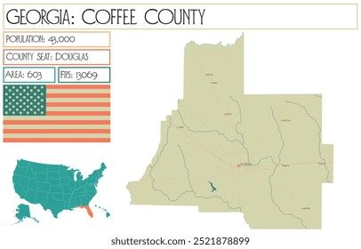 Large and detailed map of Coffee County in Georgia USA.