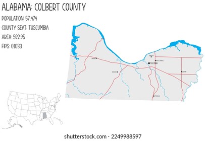 Mapa grande y detallado del condado de Colbert en Alabama, EEUU.