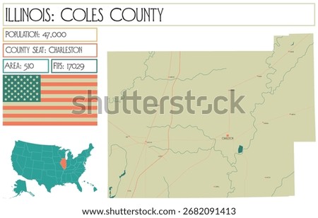 Large and detailed map of Coles County in Illinois USA.