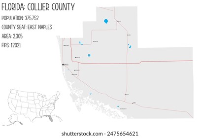 Große und detaillierte Landkarte von Collier County in Florida, USA.