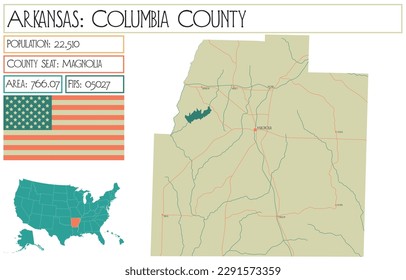 Large and detailed map of Columbia County in Arkansas, USA.