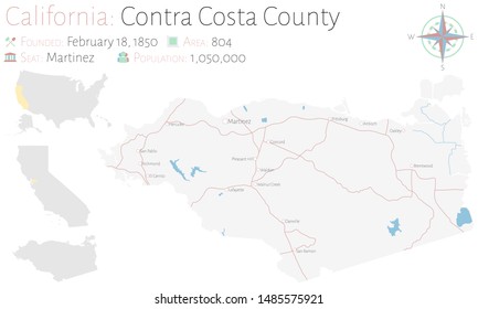 Large and detailed map of Contra Costa county in California, USA.