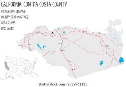 Large and detailed map of Contra Costa County in California, USA.