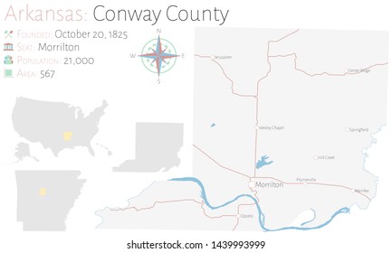 Large And Detailed Map Of Conway County In Arkansas, USA.