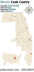 Large And Detailed Map Of Cook County In Illinois, USA.