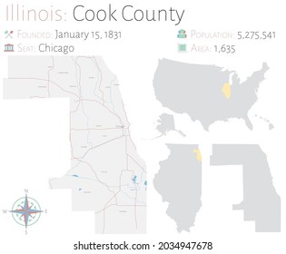 Large And Detailed Map Of Cook County In Illinois, USA.