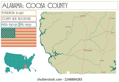 Mapa grande y detallado del condado de Coosa en Alabama, EEUU.