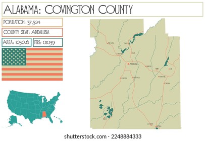 Mapa grande y detallado del condado de Covington en Alabama, EEUU.