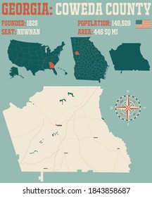 Large and detailed map of Coweda county in Georgia, USA.