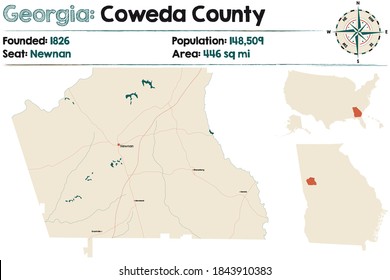 Mapa grande y detallado del condado de Coweda en Georgia, EEUU.
