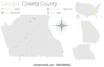 Mapa grande y detallado del condado de Coweta en Georgia, EEUU.