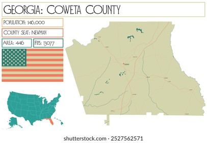 Large and detailed map of Coweta County in Georgia USA.