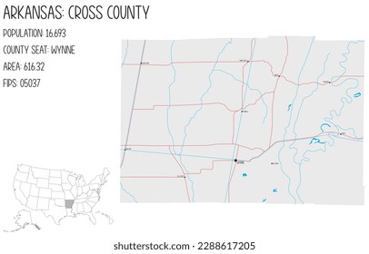 Large and detailed map of Cross County in Arkansas, USA.