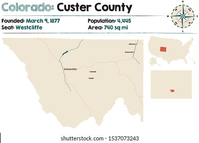 Large and detailed map of Custer county in Colorado, USA.