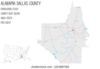Large and detailed map of Dallas county in Alabama, USA.