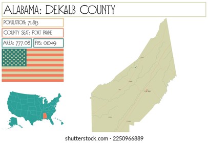 Large and detailed map of De Kalb county in Alabama, USA.