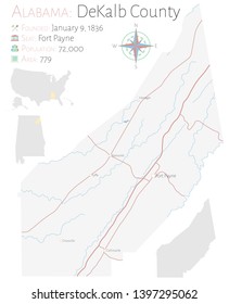 Large and detailed map of DeKalb county in Alabama, USA.