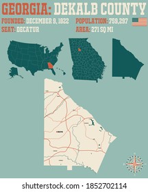 Large and detailed map of DeKalb county in Georgia, USA.
