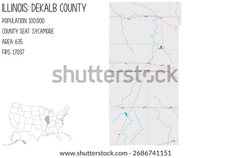 Large and detailed map of DeKalb County in Illinois, USA.