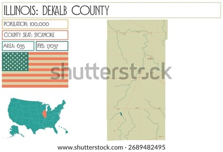 Large and detailed map of DeKalb County in Illinois USA.