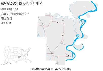 Large and detailed map of Desha County in Arkansas, USA.